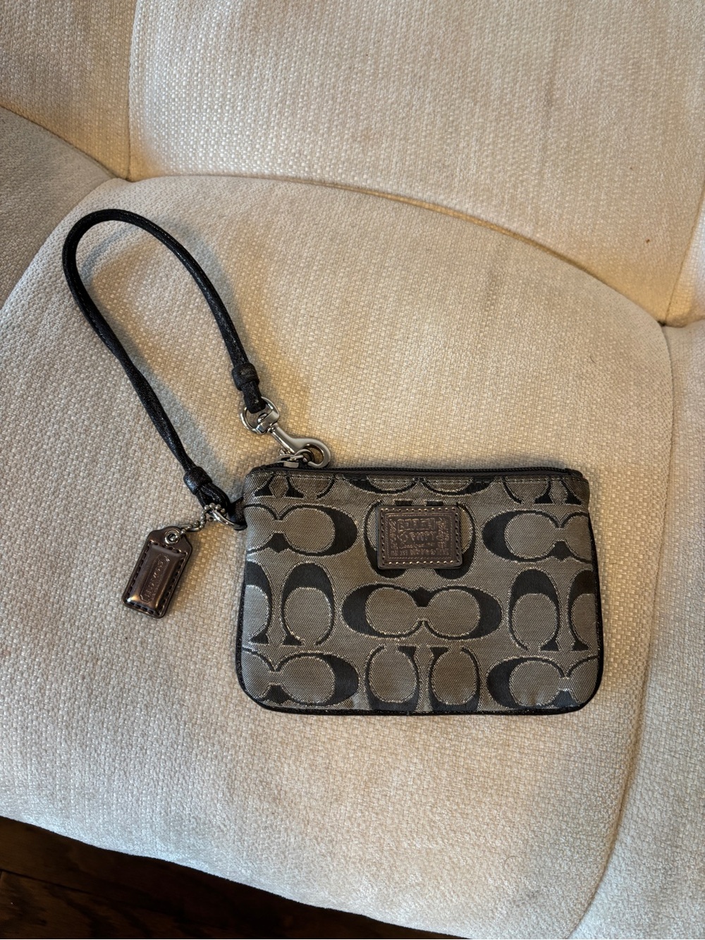 Coach Metallic Gray and Black Signature Wristlet